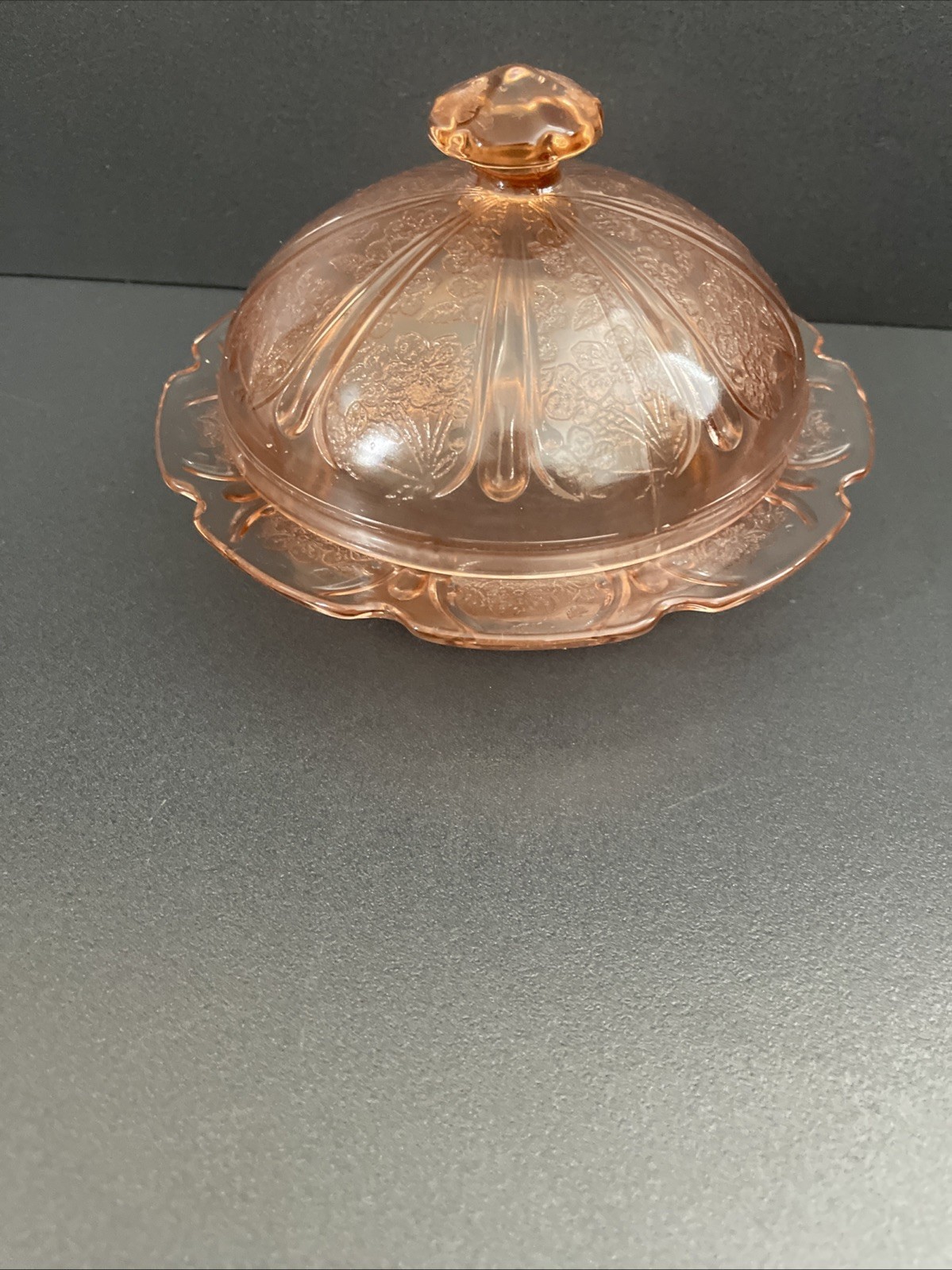 Jeannette Soft Salmon Pink Cherry Blossom Depression Glass Covered Butter Dish