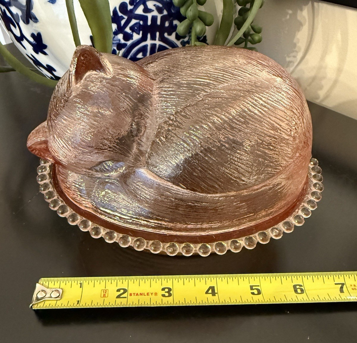 Vintage Indiana Glass Pink Sleeping Cat On A Nest Covered Dish Kitten