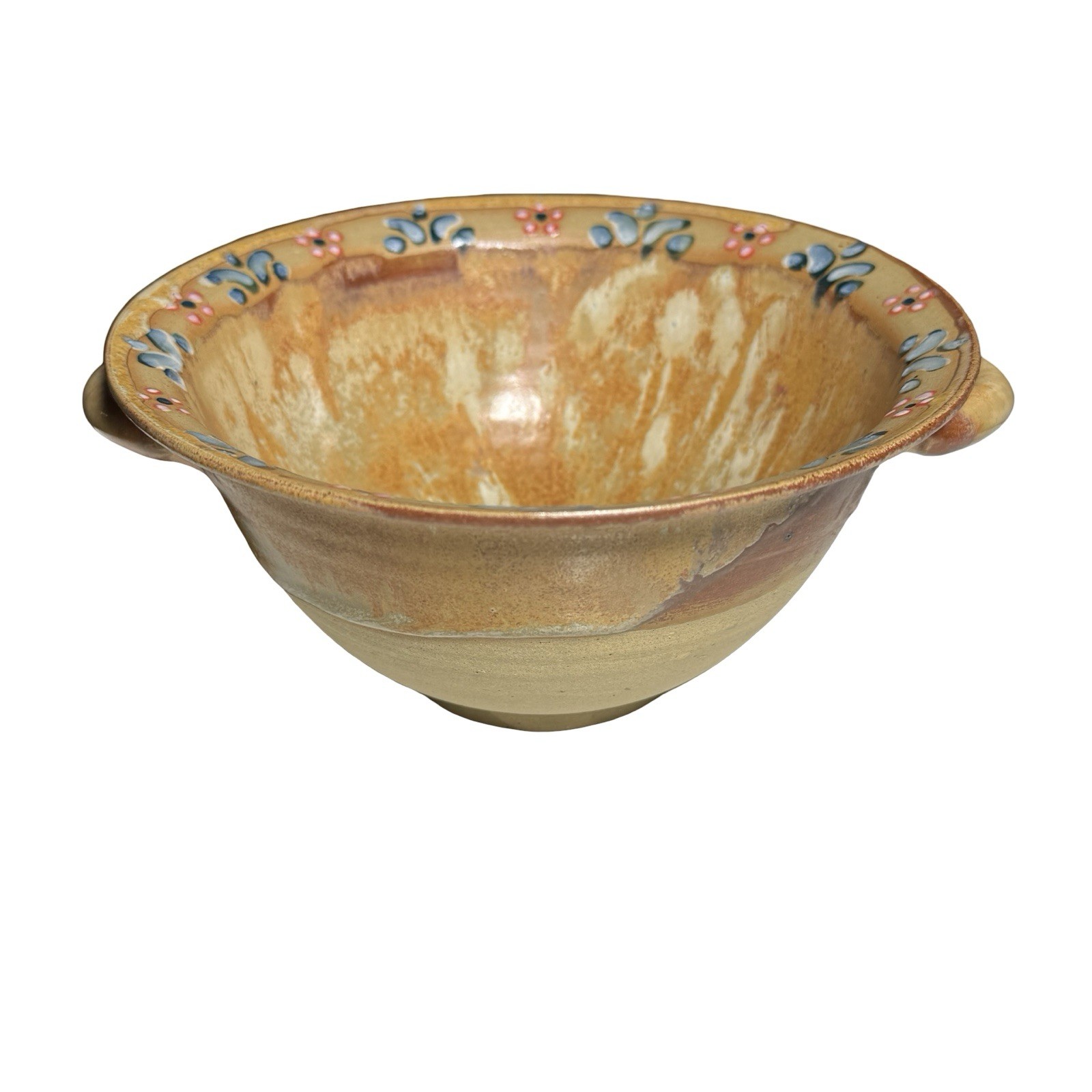 Handmade Earthenware Bowl Art Pottery Ceramic 6 1/2″ USA Handles Thin Floral
