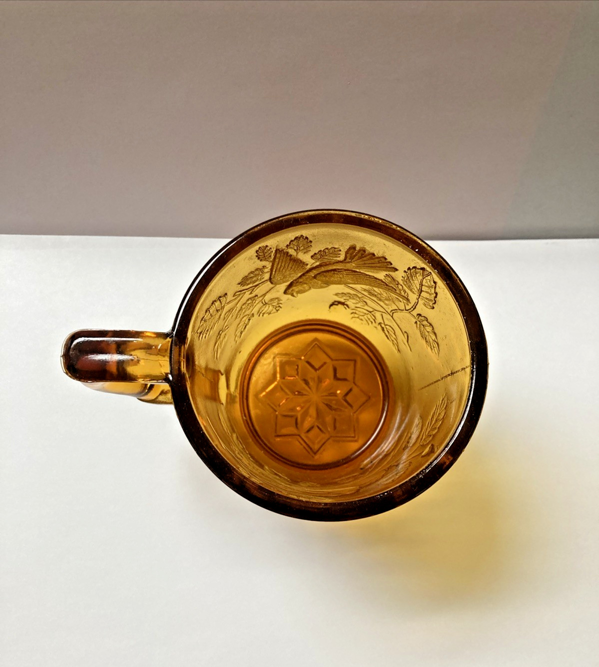 c 1880’s Amber mug No. 1203 “Robin in Tree” by Bryce Brothers