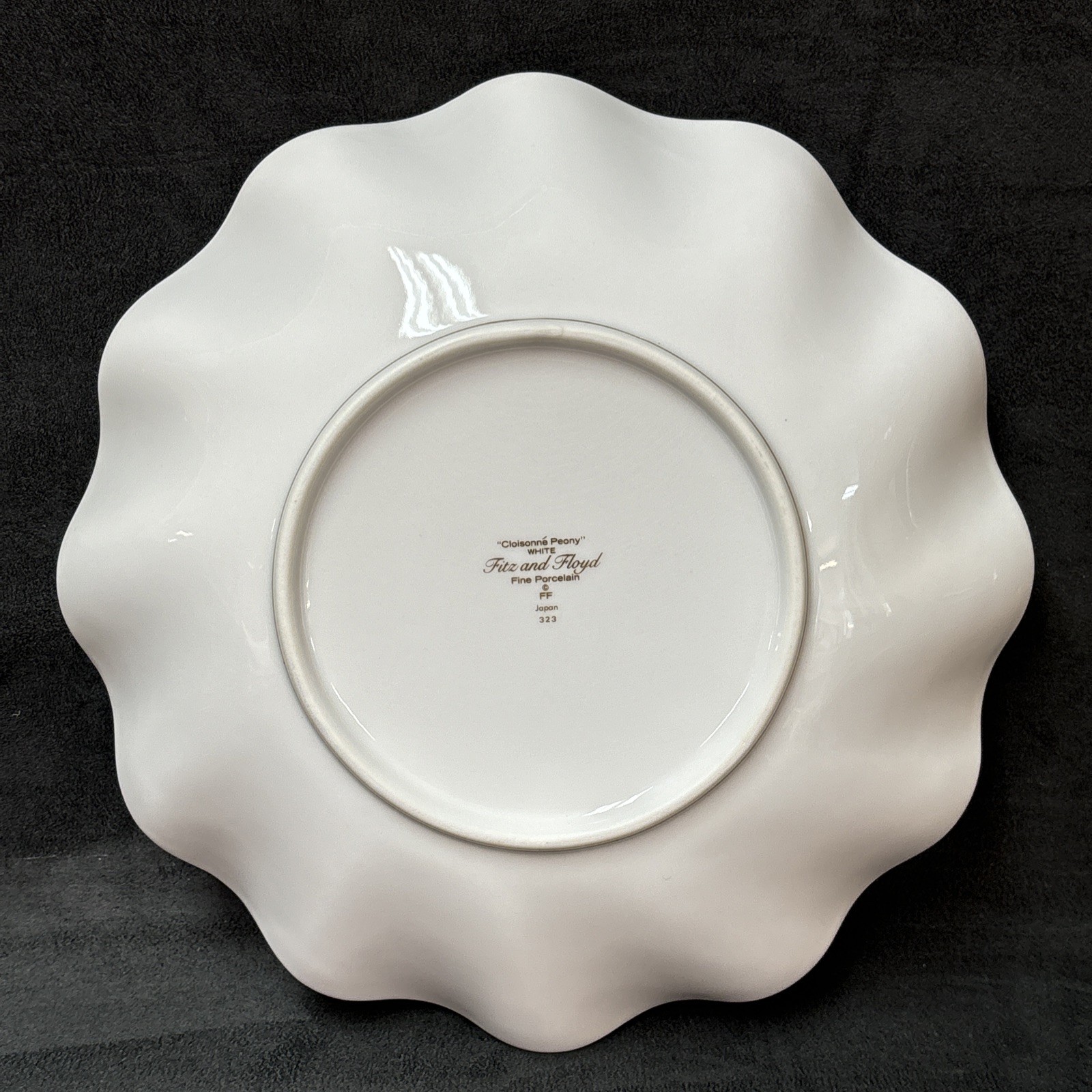 Fitz and Floyd CLOISONNE PEONY White Ruffled Edged Bowl 10 1/8 Inches
