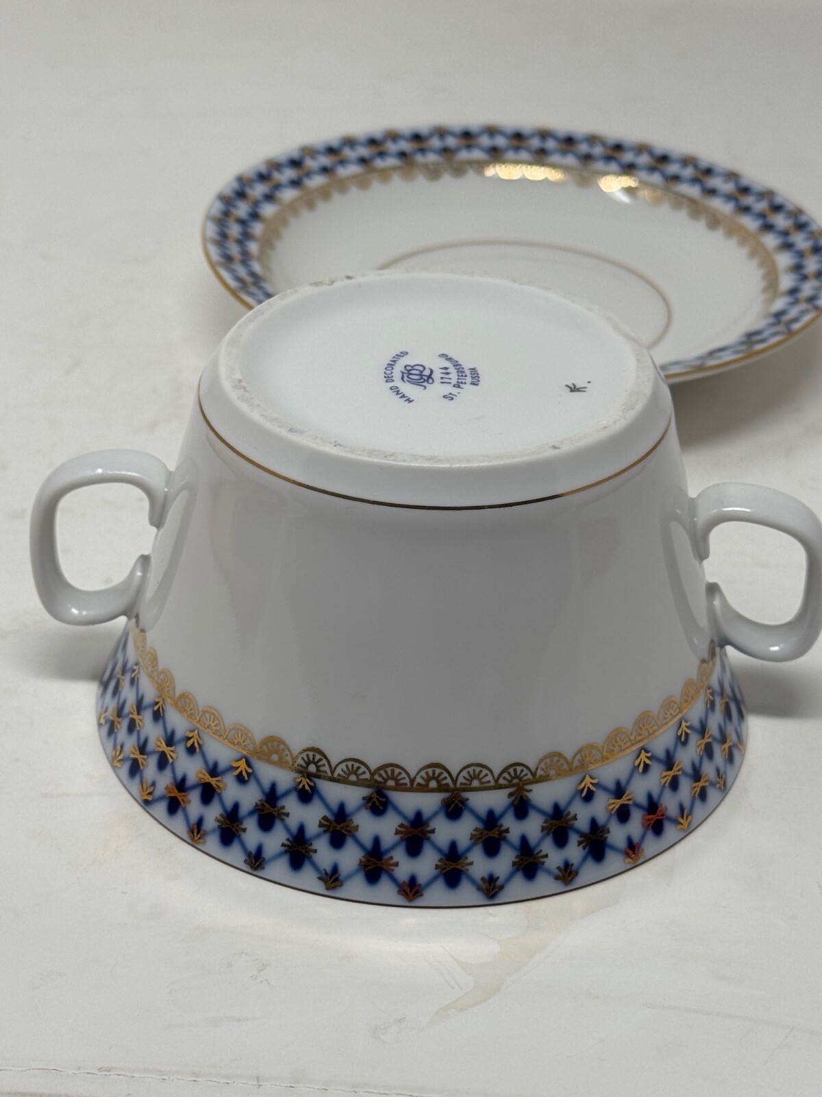 Lomonosov Imperial Porcelain Russian COBALT NET SOUP BOWL with SAUCER 4 NEW