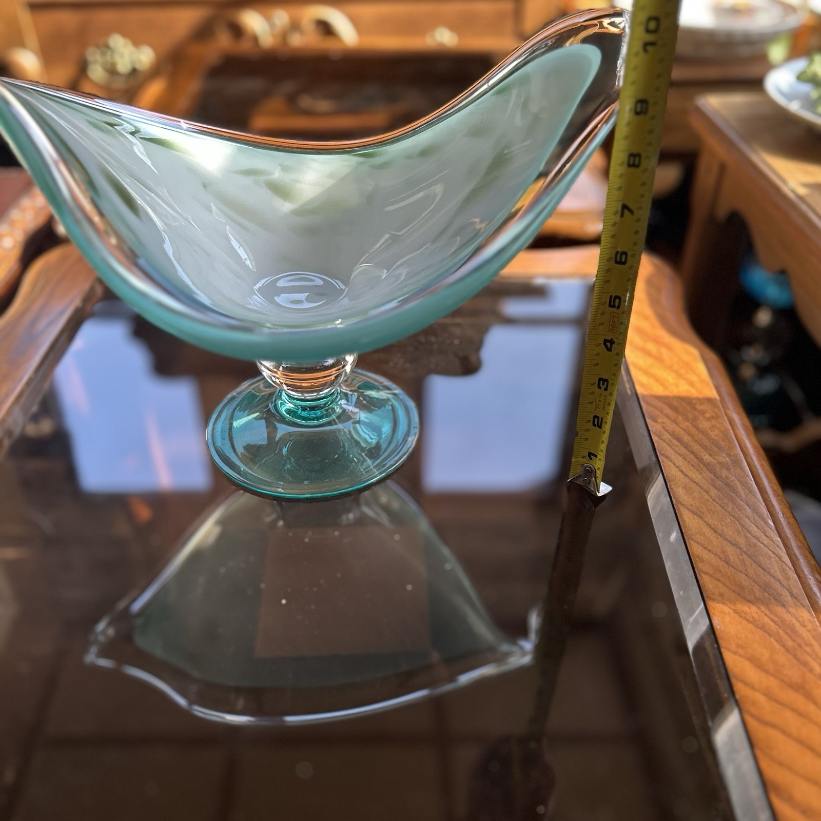 Murano Sommerso Art Glass Pedestal Bowl Blue White Green Swirl 10 in x 8 in