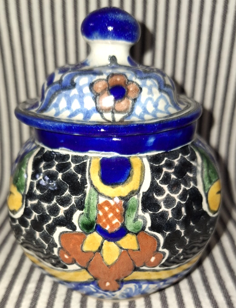 VTG w/ORIG 1997 TAG TALAVERA TIBOR LA CORONA 5″ ART POTTERY HEXAGONAL JAR w/LID