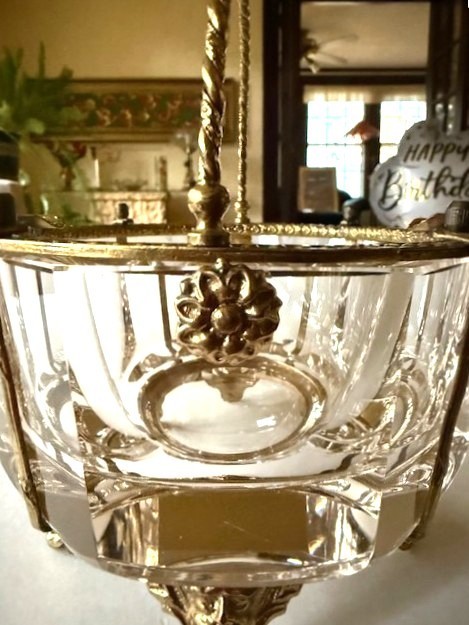 Rare Handled French Octagon Beveled Lead Crystal Gilt Bronze Bowl Griffin Feet