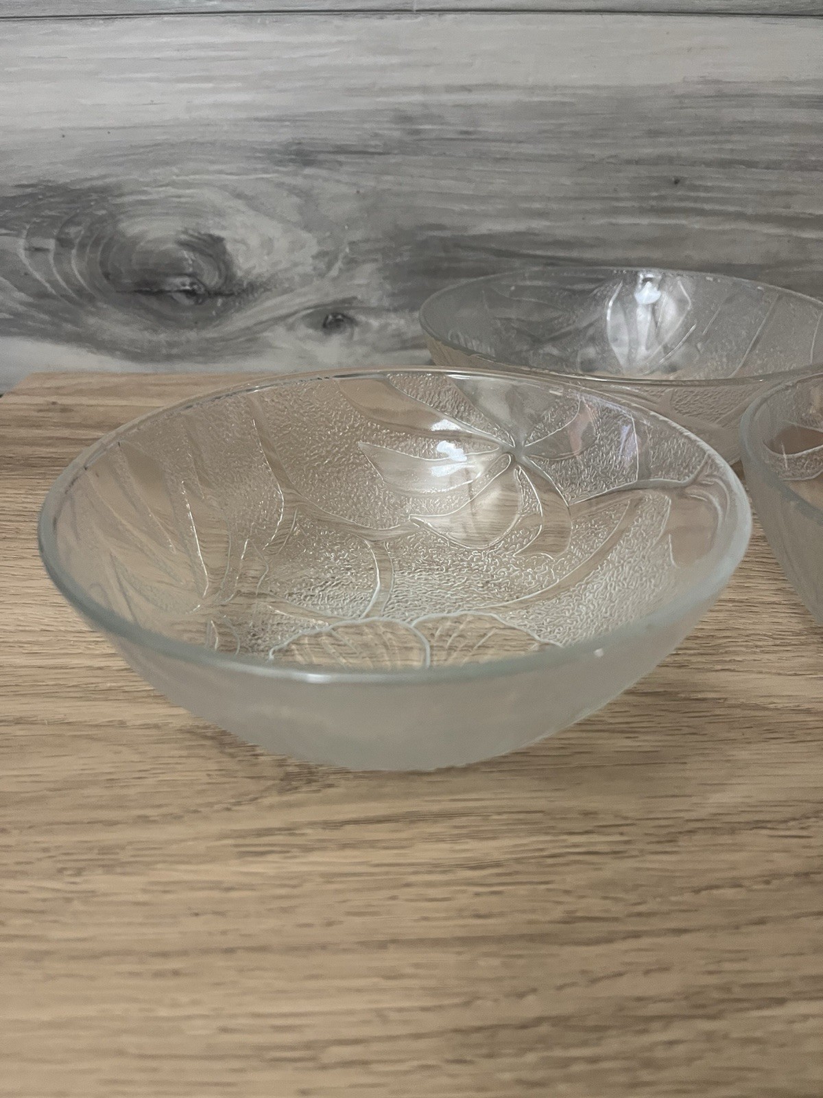 KIG Malaysia Clear Textured Glass Hibiscus Blossom Cereal/Salad Bowl Set Of 3