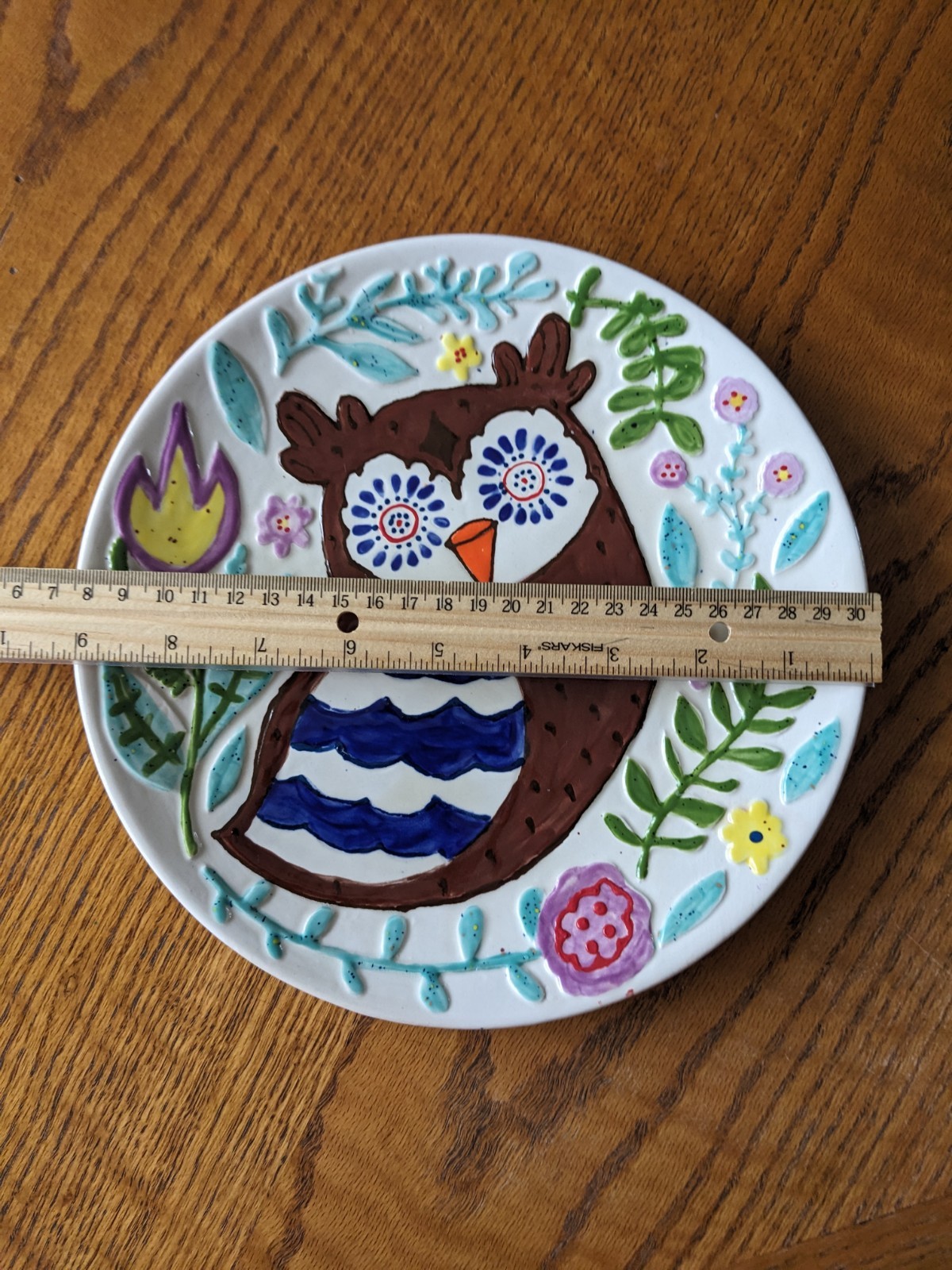 Hand-Painted Owl & Floral Art Pottery Ceramic Plate 8in Round Glossy