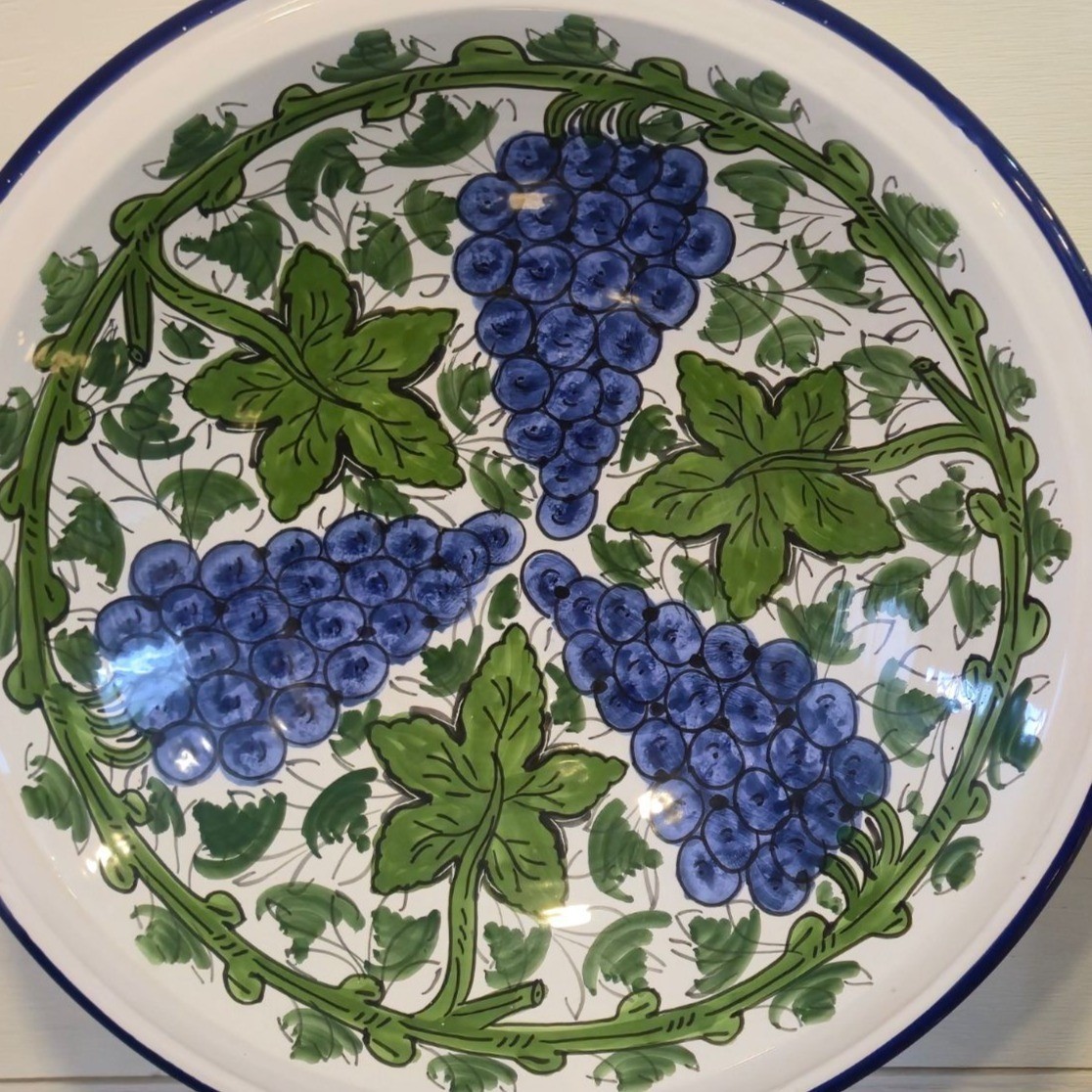 Vintage Le Souk Ceramique Tunisian Hand-Painted Pottery Bowl Blue Grapes Leaves