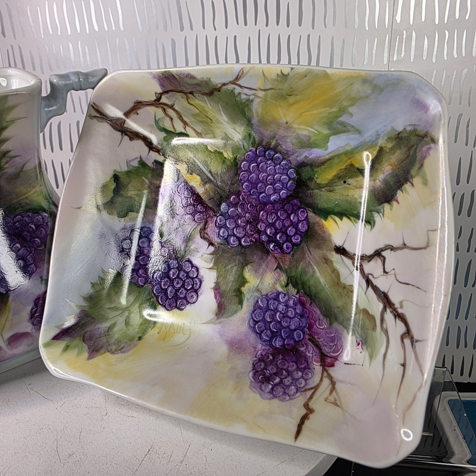 Vintage Artist Signed Hand Painted Porcelain Pitcher & Tray Blackberry Grape