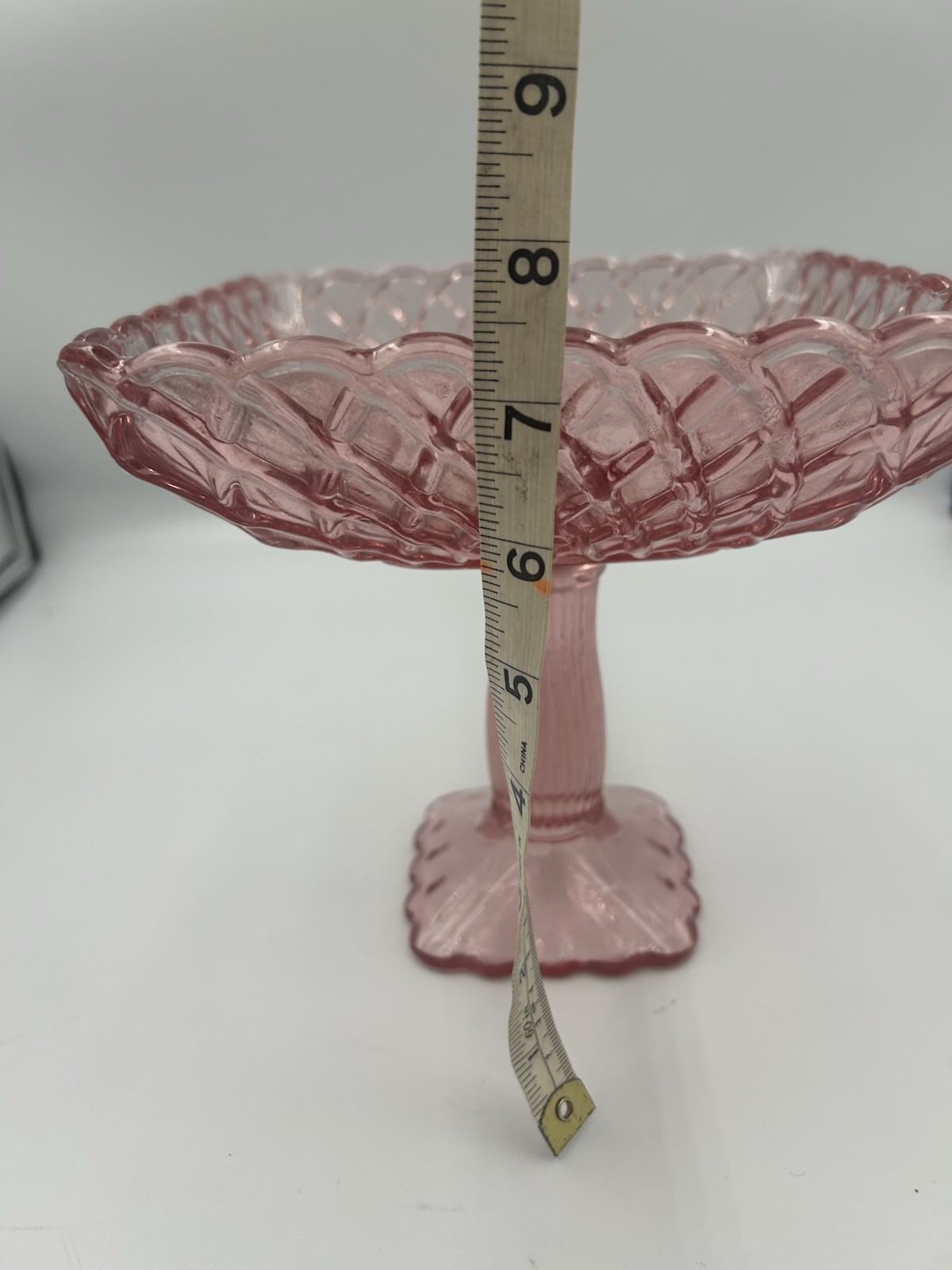 Pink Glass Square Pedestal Compote Dish, Diamond Pattern, 8 in x 8 in