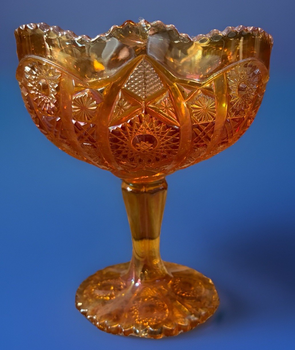 Vintage Marigold Carnival Glass Pedestal Compote Bowl Scalloped Rim
