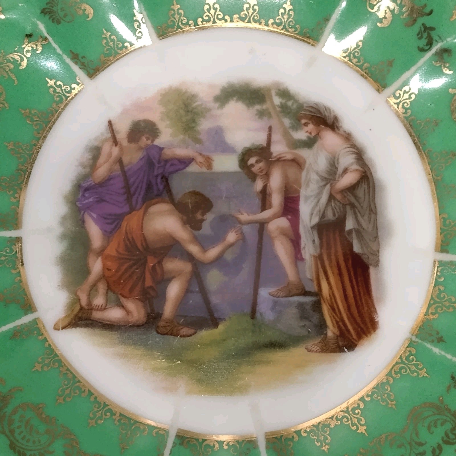 Neoclassical Green Gold Decorated Portrait Cabinet Plate Beyer and Bock Germany