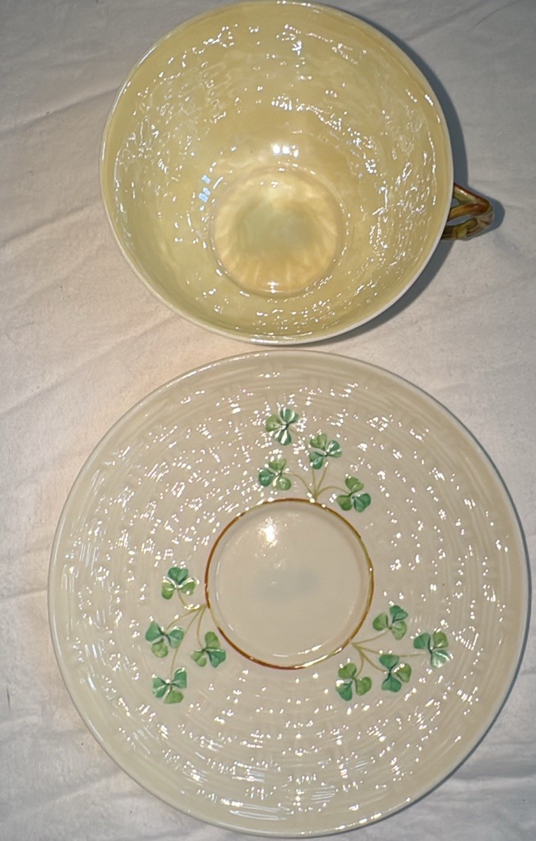 Vintage IRISH BELLEEK Shamrock Tea Cup and Saucer Reg No 0857