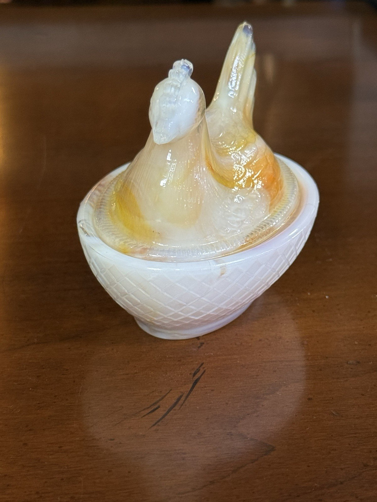 Boyd Glass Hen on Nest #182 Coral Mist 3″ Slag Chicken Salt Cellar UV Glows Vtg