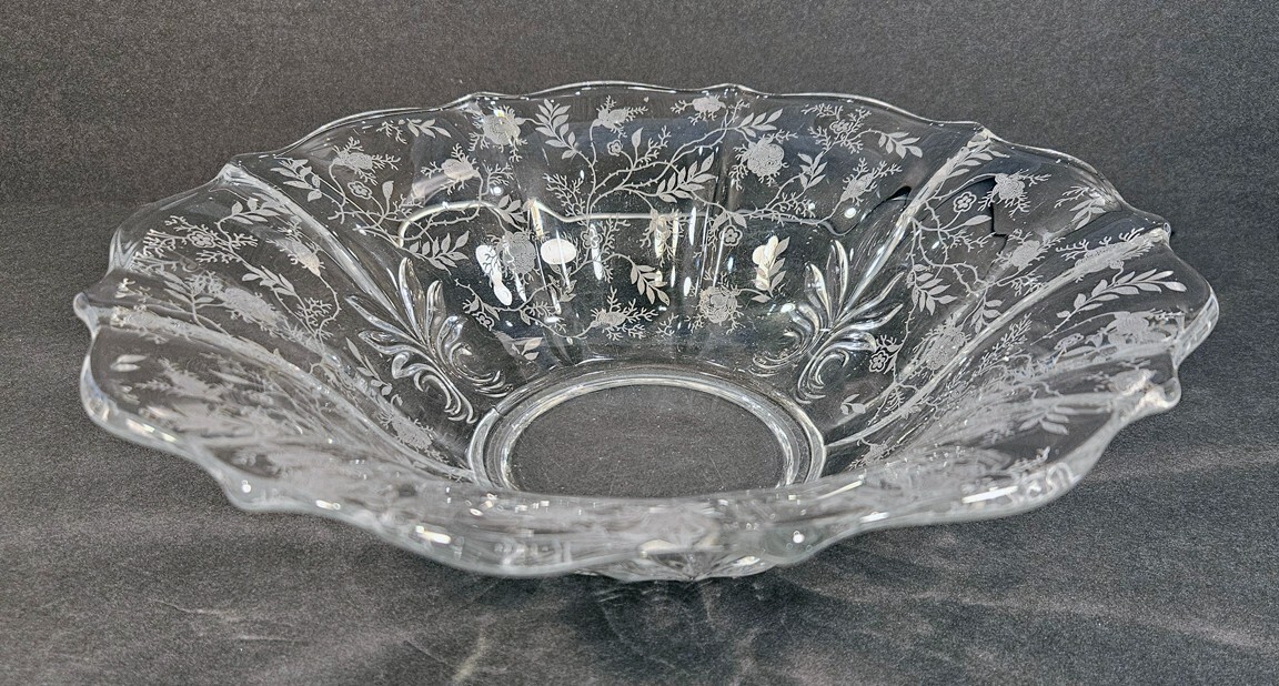 Fostoria Chintz Etch Pattern Flared Bowl Baroque Shape 11 3/4 inches Wide