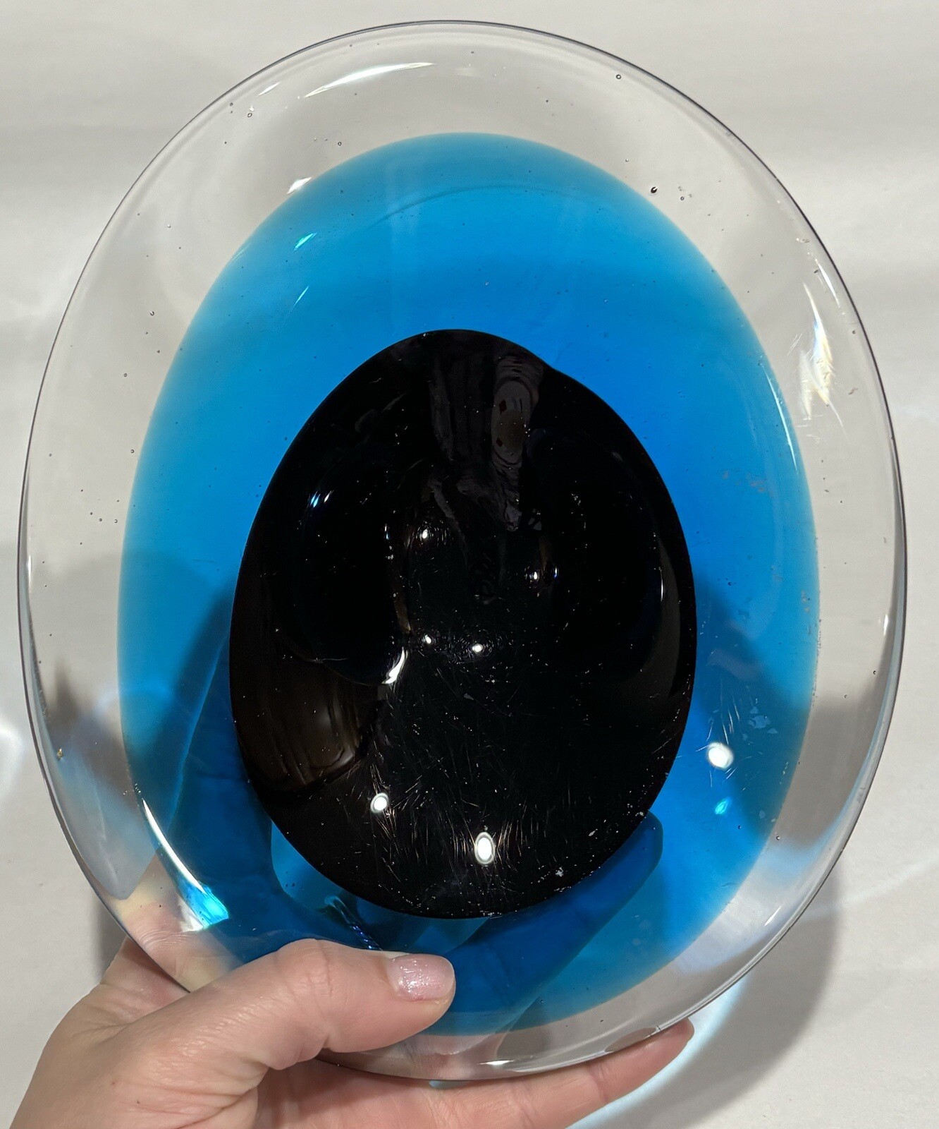 Vintage Art Glass Blue, Black to Clear Asymmetrical Candy or Trinket Dish AS IS