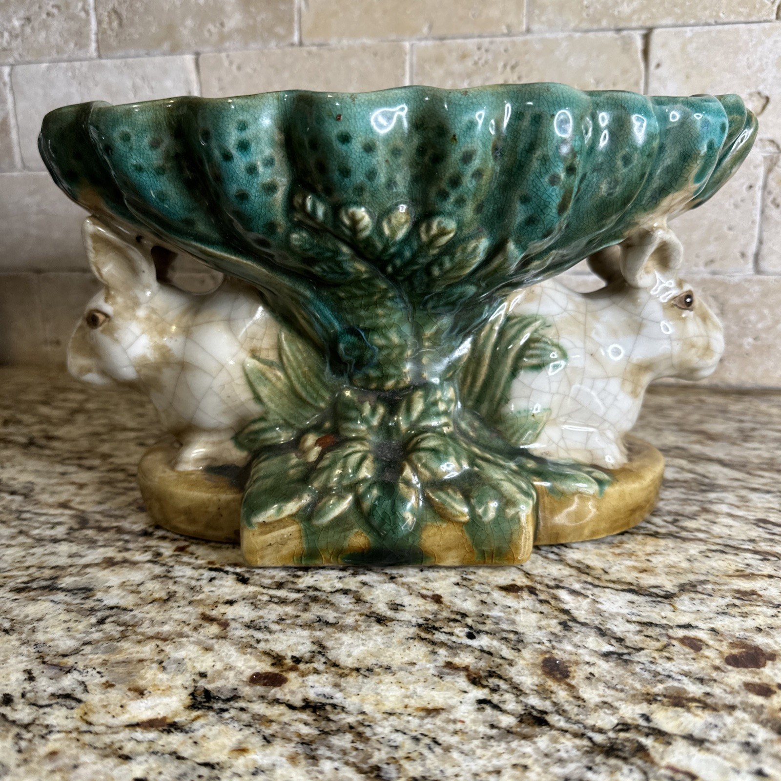 Late 20th Century Majolica Style Bunny Rabbit Compote
