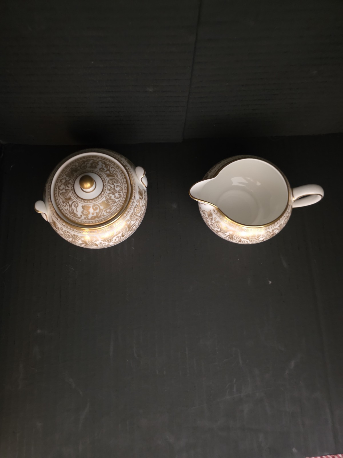 VINTAGE Wedgwood Bone China Gold Florentine Creamer and Sugar Bowl, England