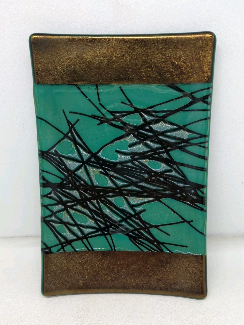 Kurt McVay Signed Fused Art Glass Iridescent Tray Green Black Bronze 9×6 Sushi