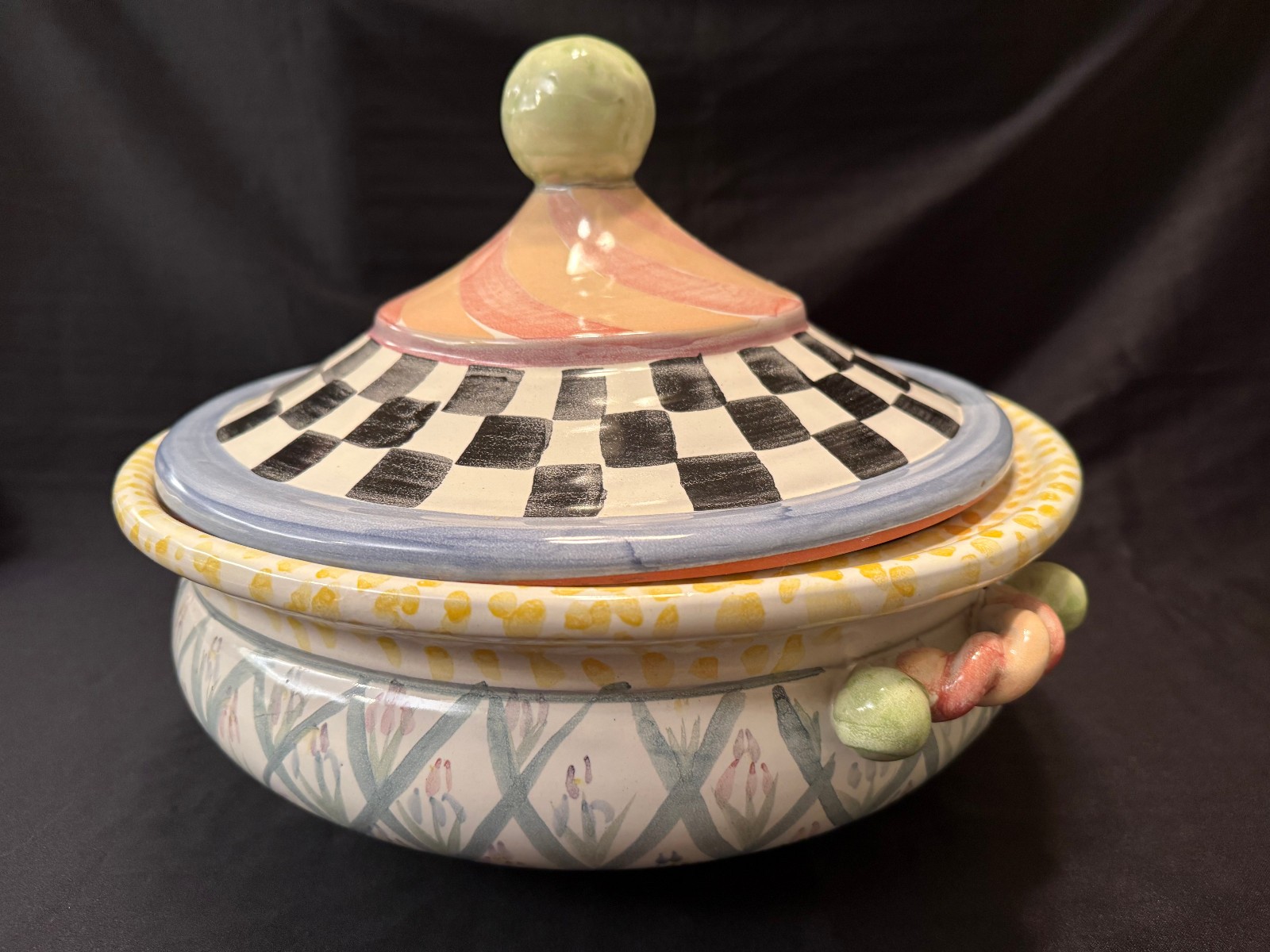 MacKenzie Childs Bearded Iris Large Soup Tureen – Checked Pattern ~ 13.5″ x 9.5″