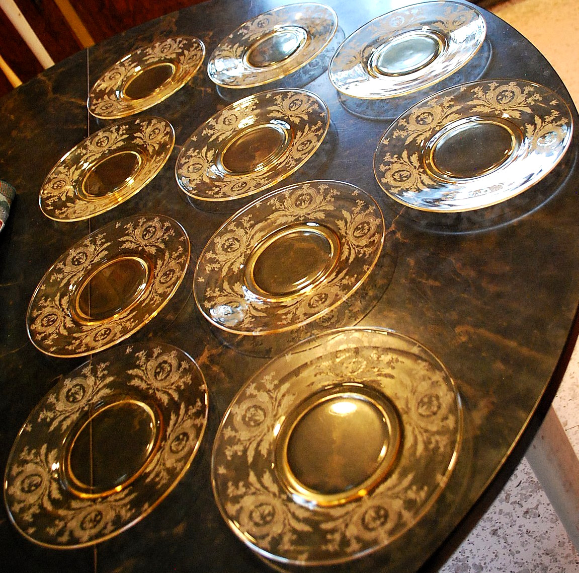 Vtg Set 10 LA FLEURE YELLOW 7.25″ Glass Lunch Plates Deco 1920 TIFFIN FRANCISCAN