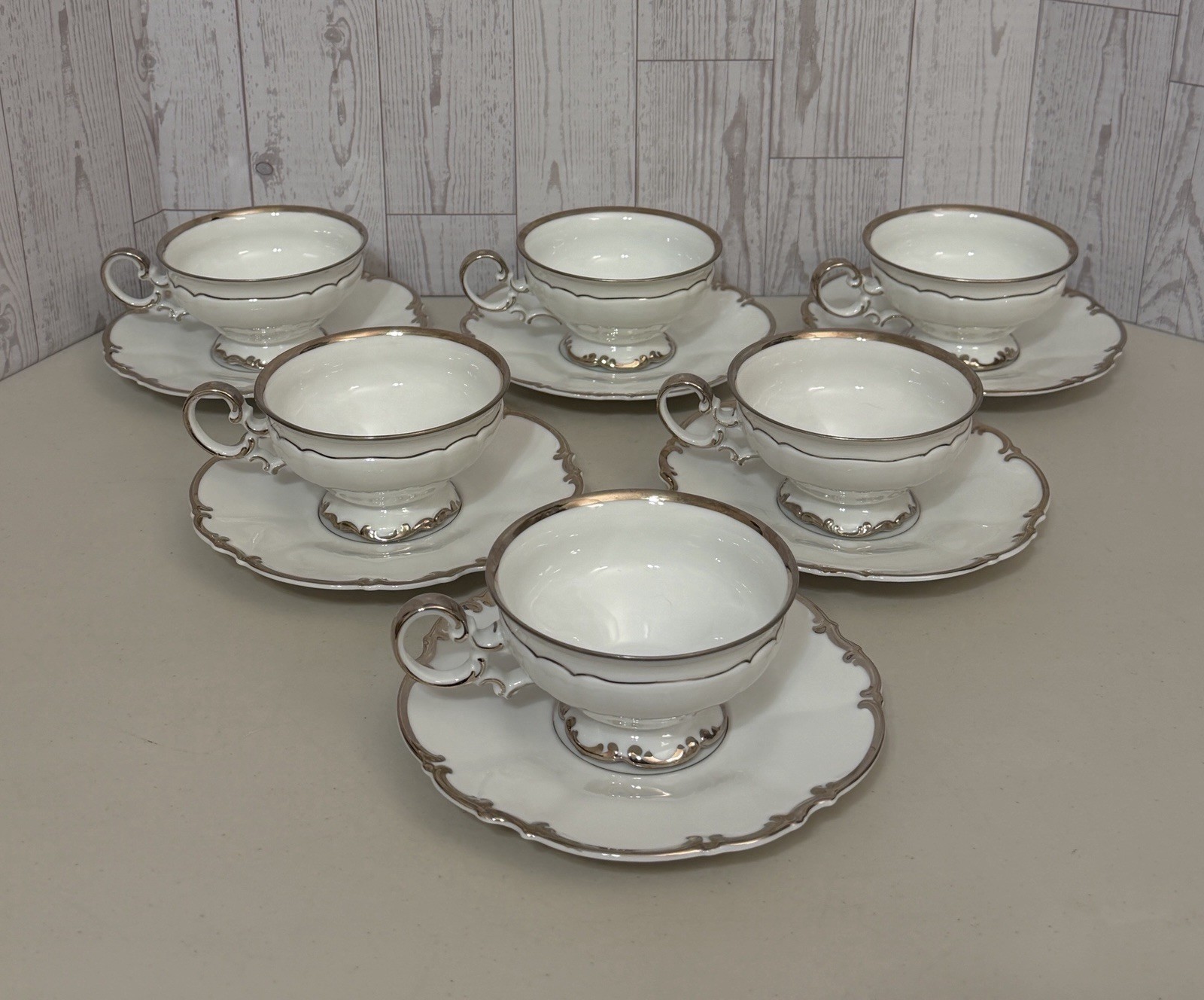 VINTAGE SET OF 6 HUTSCHENREUTHER REVERE SYLVIA CUPS & SAUCERS SILVER PLATINUM