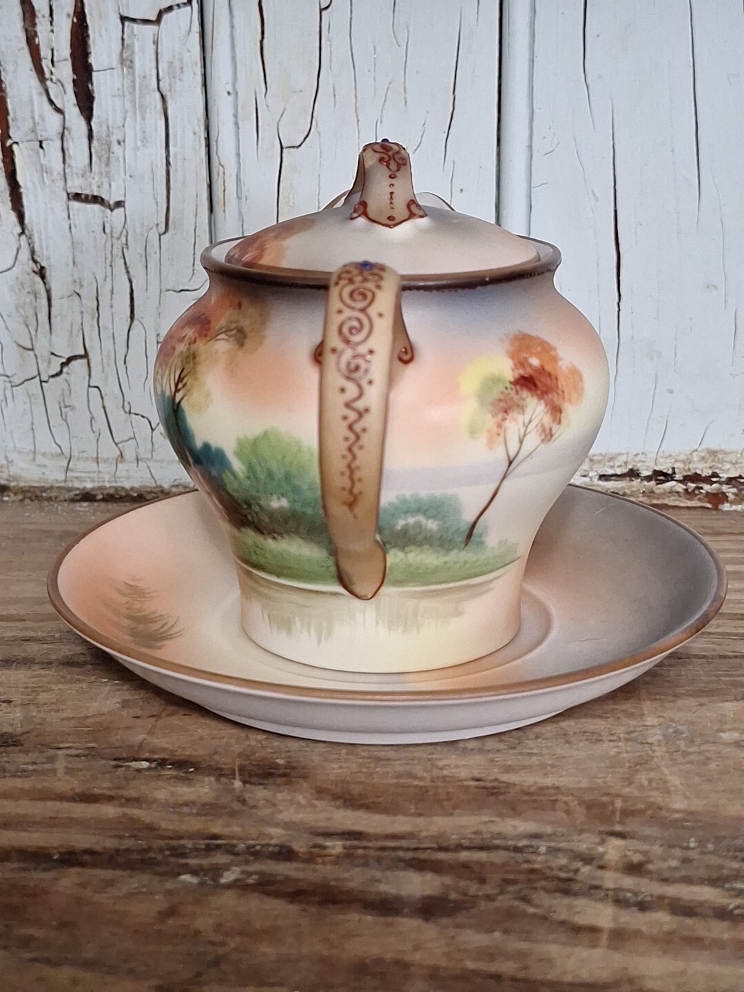 Antique Morimura Nippon Hand Painted Porcelain Creamer with lid, Saucer Moriage