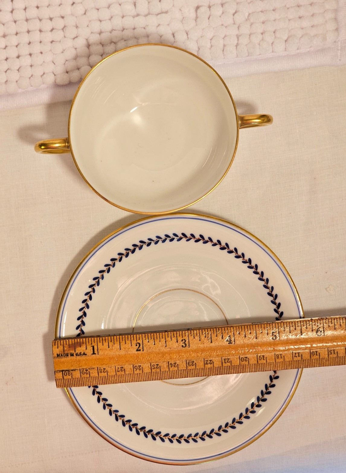 Bouillon cups w/ saucers, set of three, vintage china, Haviland, Vignaud, Saxe