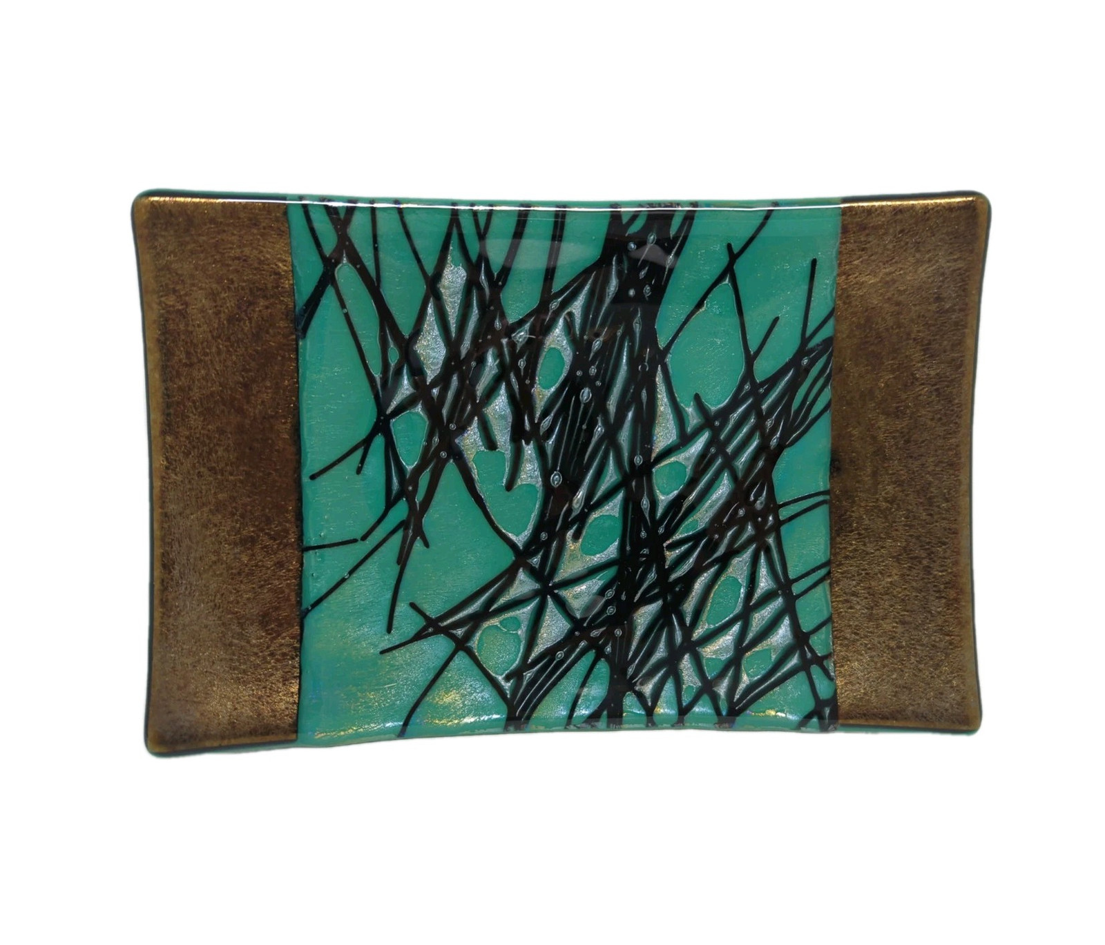 Kurt McVay Signed Fused Art Glass Iridescent Tray Green Black Bronze 9×6 Sushi