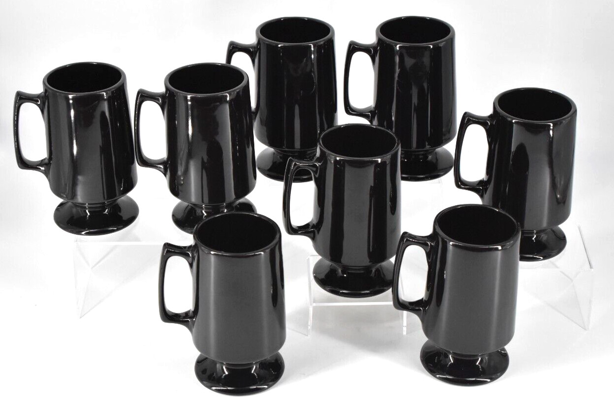 Set of 8 VTG Hall Pottery Black Ceramic Footed Pedestal Irish Coffee Mugs #1873