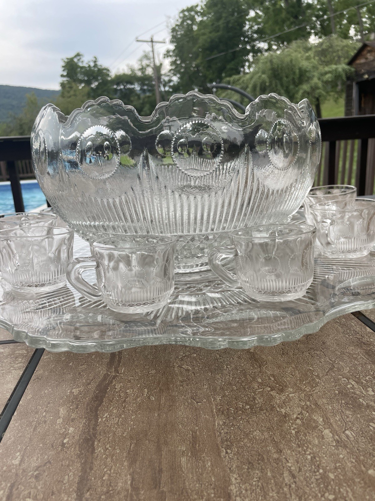 Vintage Tiffin Franciscan Bullseye Punch Bowl, Huge Plate, & 15 Cups. 30lbs