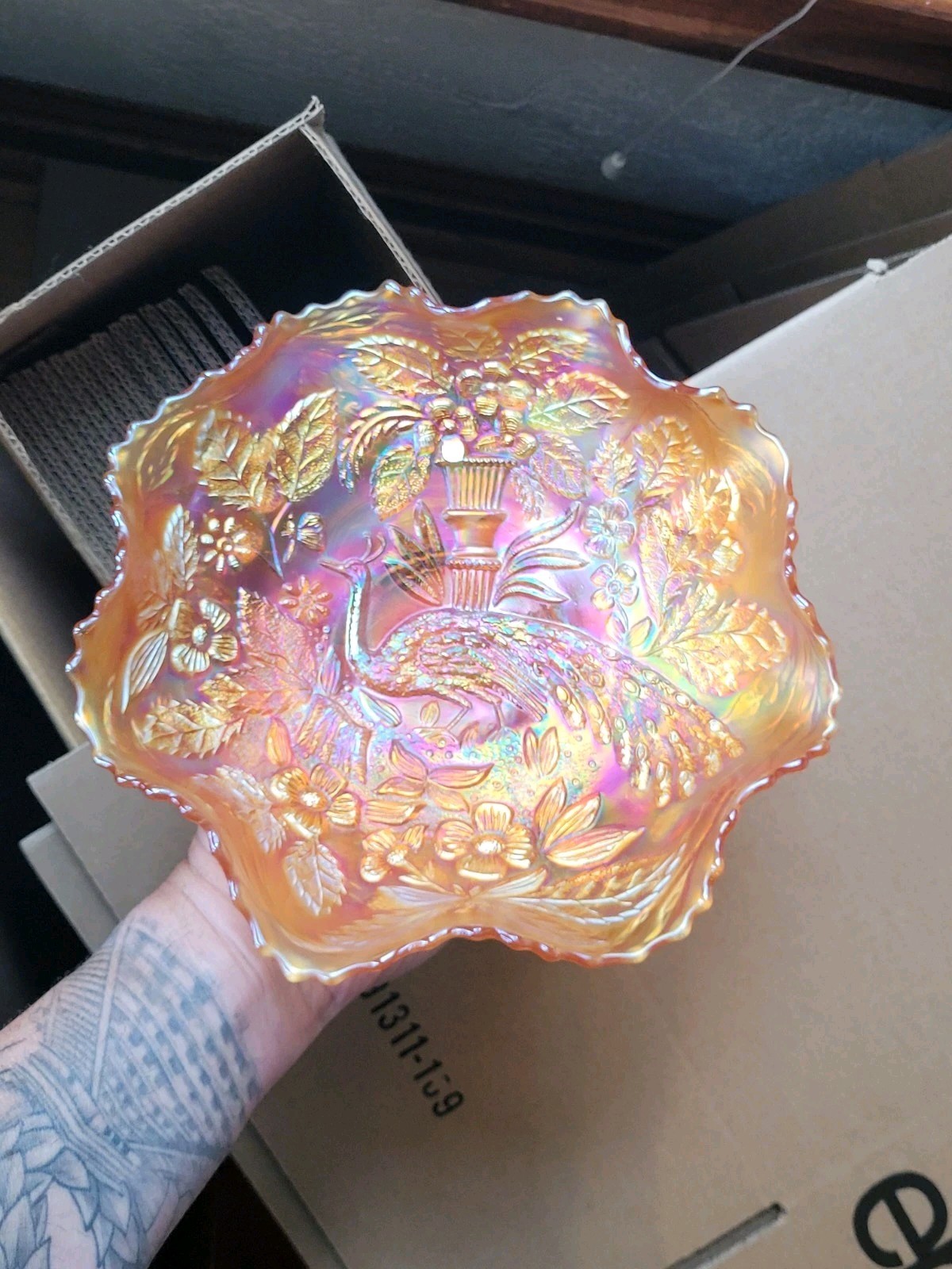 Pretty Dark Marigold Fenton Carnival Glass Peacock & Urn Pattern Bowl
