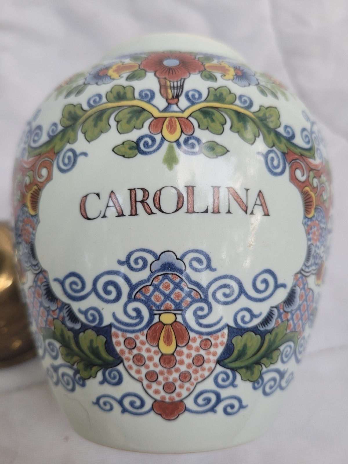 Delft Floral Cydia Out 7 StoneJar w/ Brass Lid, Made in Holland, Medium 5 in