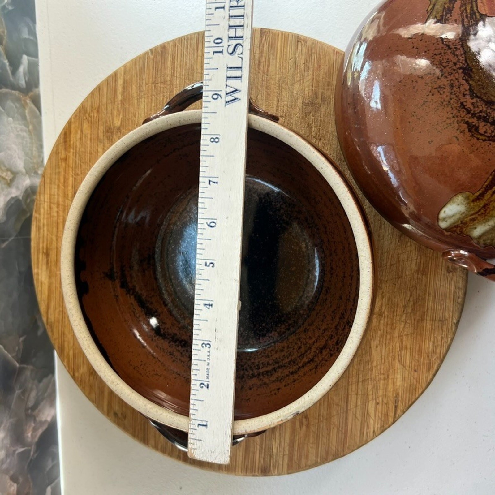 Art Studio Pottery Casserole With Handles & Lid 8″ Stoneware Brown Glazed 80s