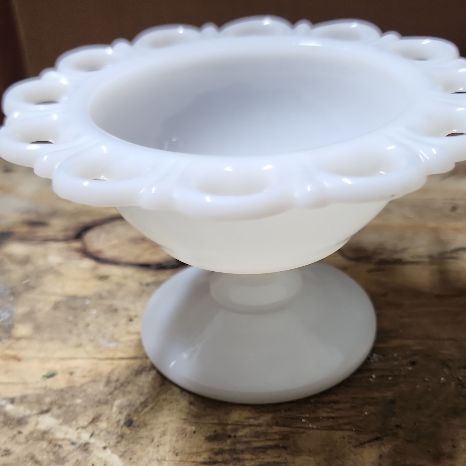 White Milk Glass Pedestal Compote Bowl, Round Glossy Openwork Rim