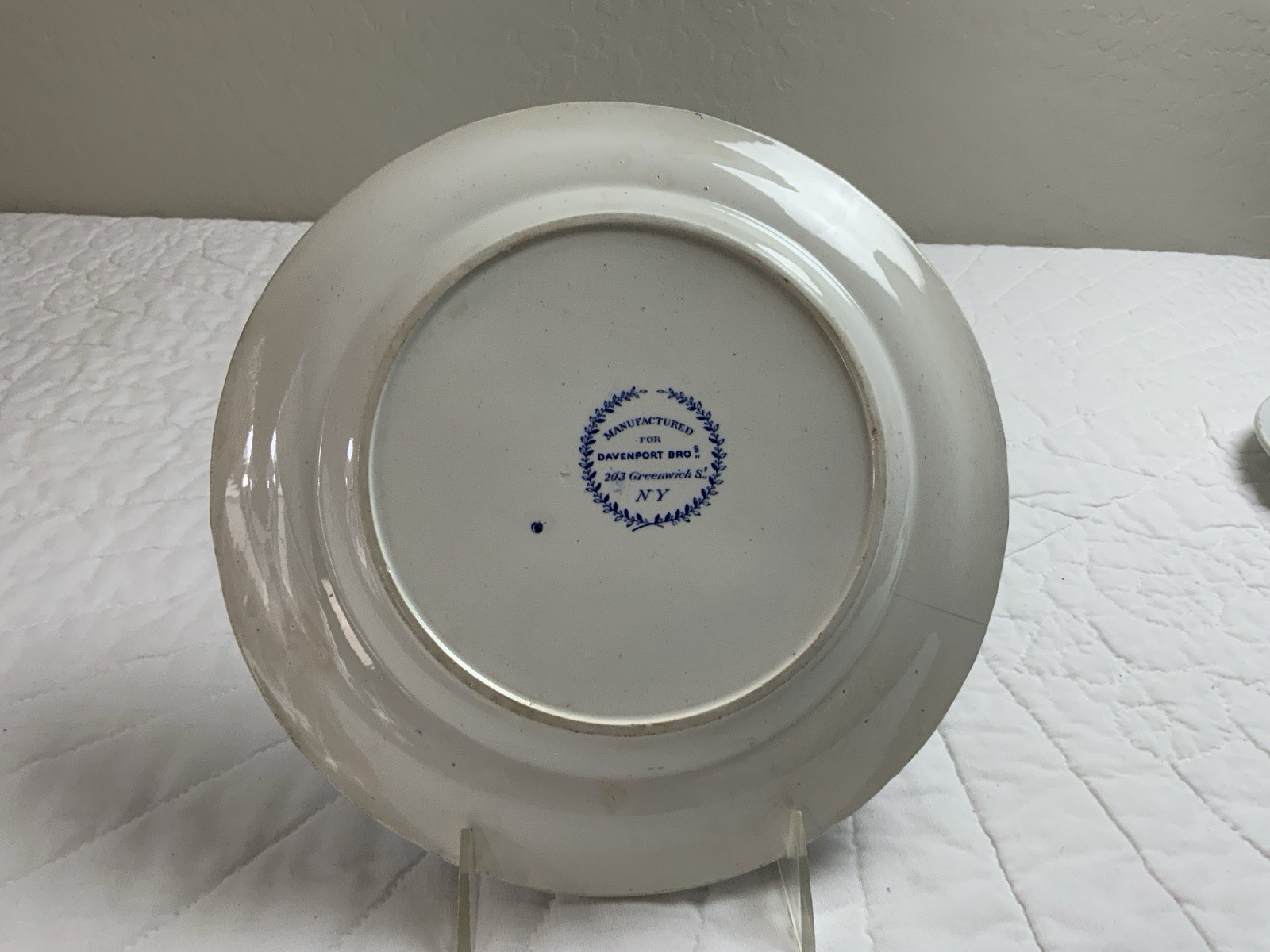 Antique Blue Transferware Dinner Plate, UK,, Grecian Lady & Castle, Davenport