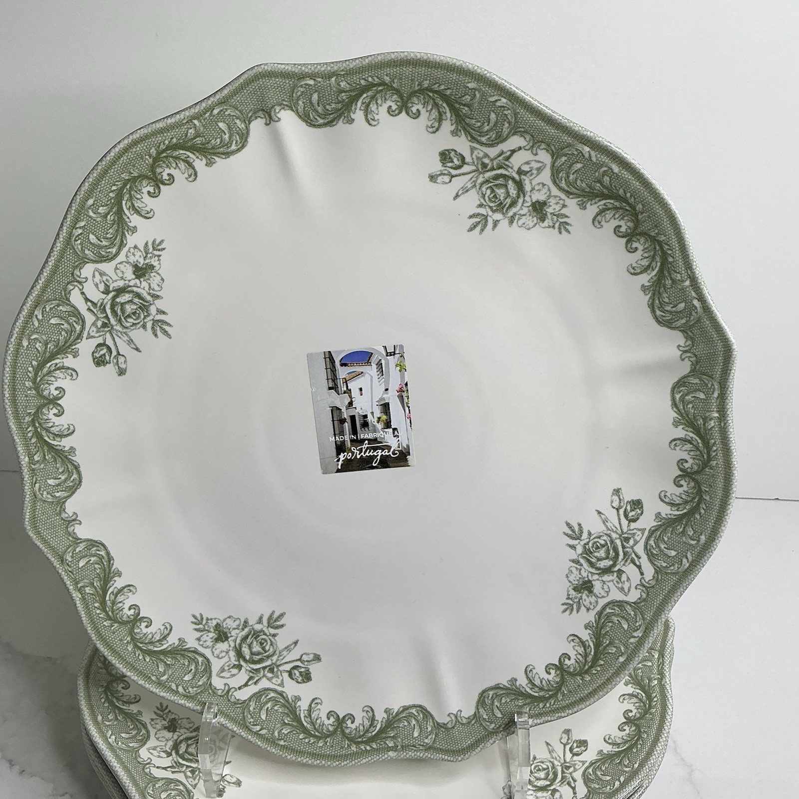 4 Matceramica Stoneware Dinner Plates Green Rose Scalloped 11” Portugal New