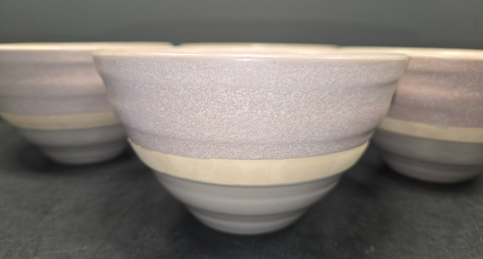 Baum Brothers HARPER Cereal Soup Bowls Mist Tan Blue Speckled Grey Band Set 4