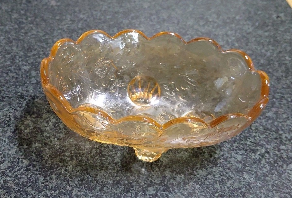 Vtg Amber Peach Luster Footed Candy Trinket Dish, Embossed Floral