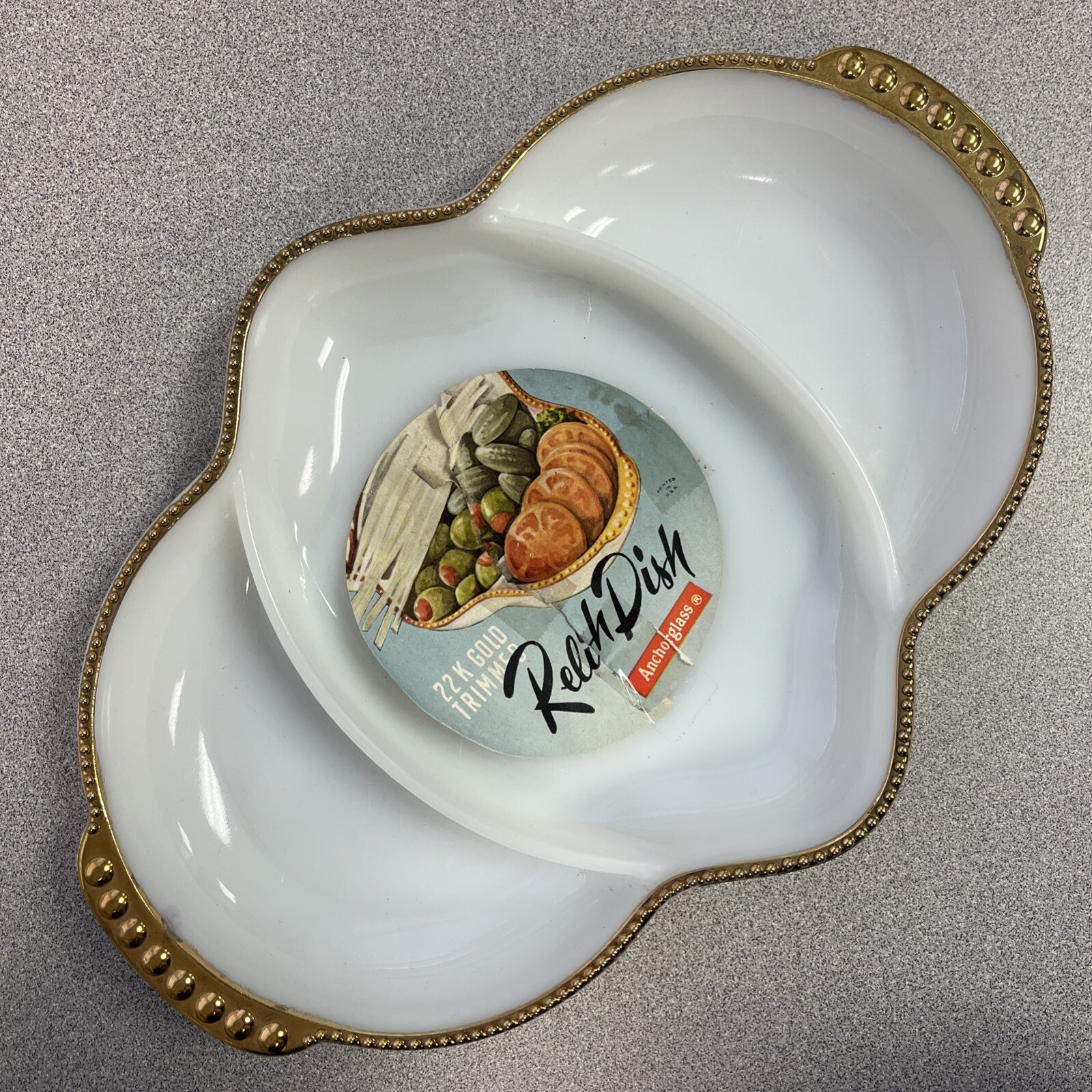 Vintage Fire King Oven Ware White Milk Glass & 22k Gold Bead Trim Made in USA