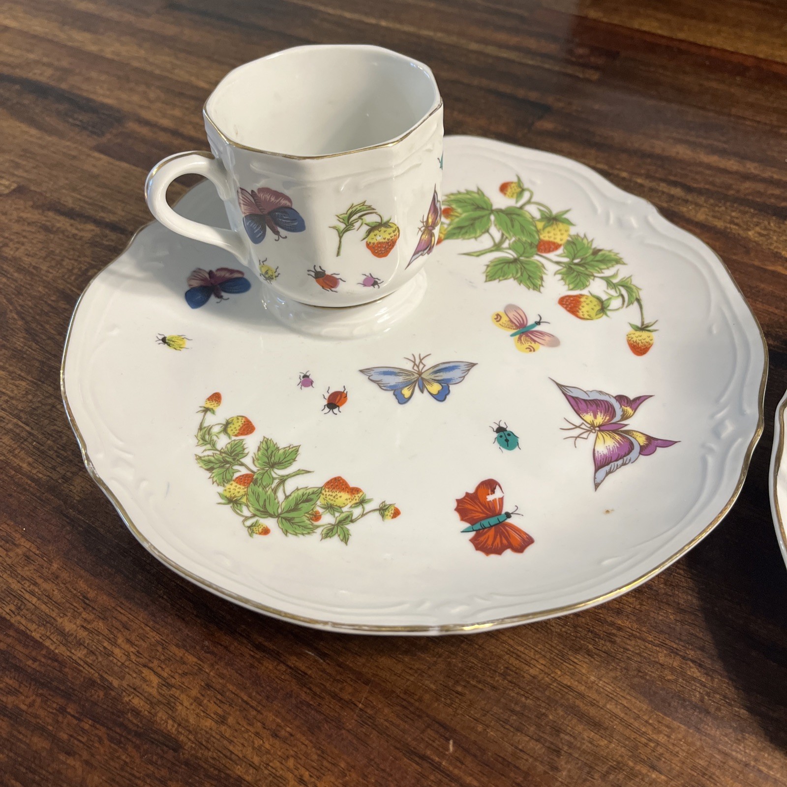 Vintage Ardalt Japan Lenwile Snack Set Strawberry Butterfly Cup Plate Lot x2