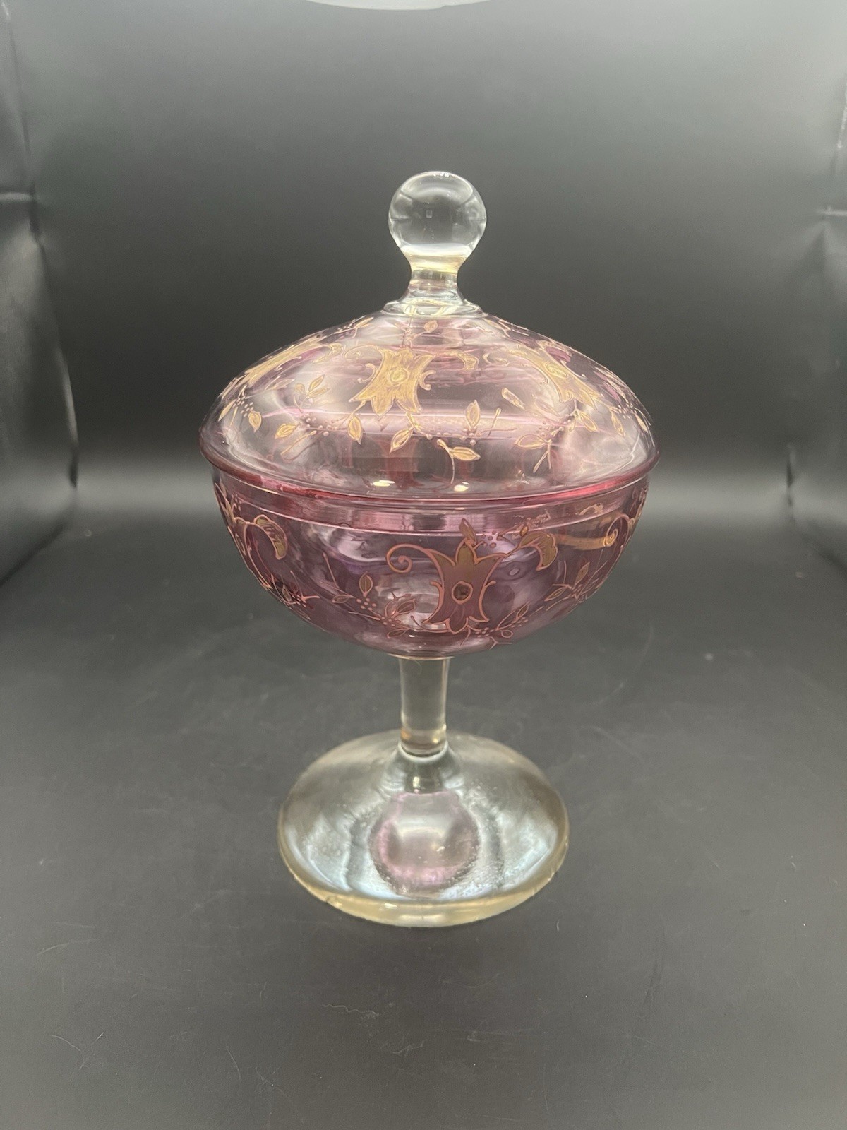 Cranberry Glass Candy Dish Bohemian Czech Lidded Pedestal Gold Details Vintage