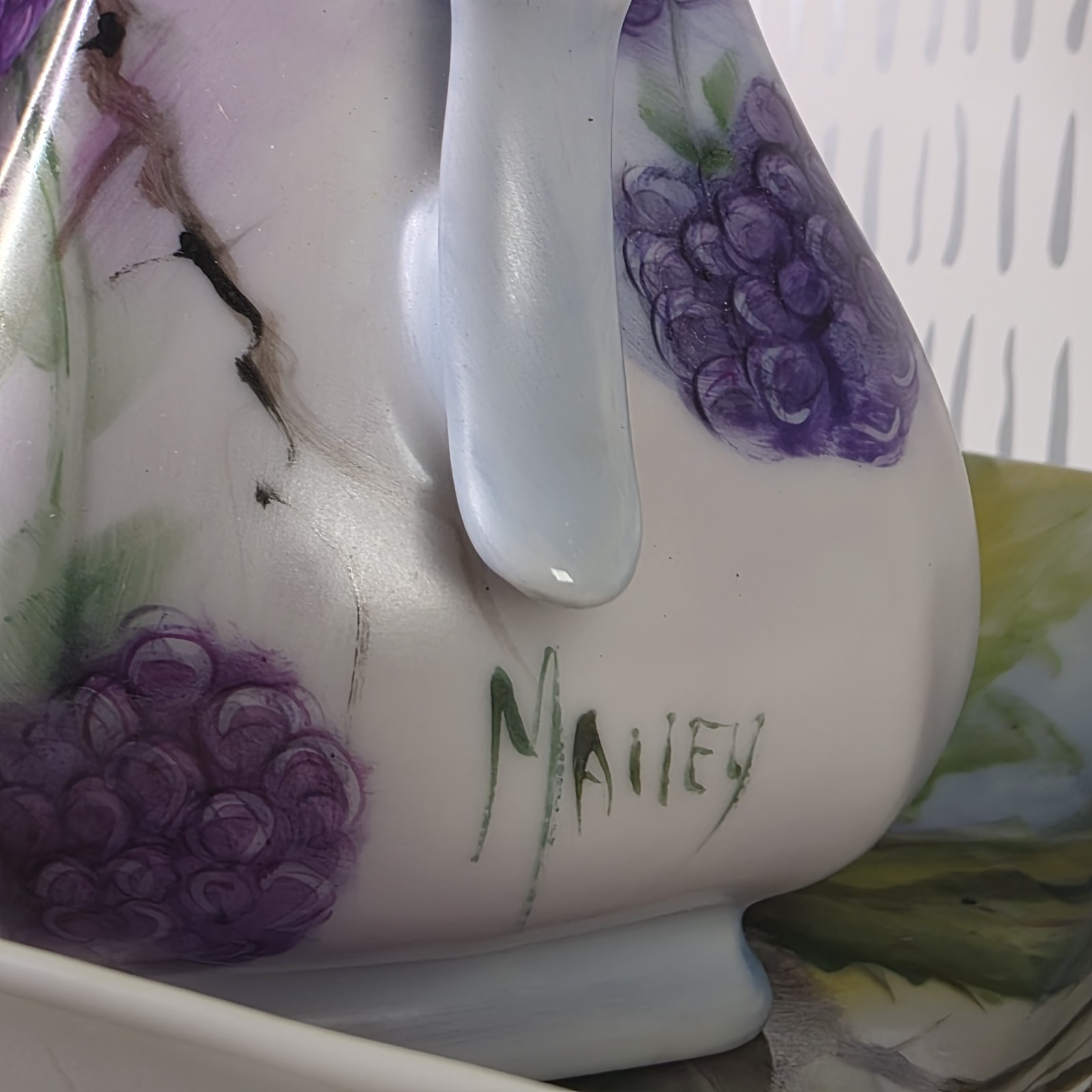 Vintage Artist Signed Hand Painted Porcelain Pitcher & Tray Blackberry Grape