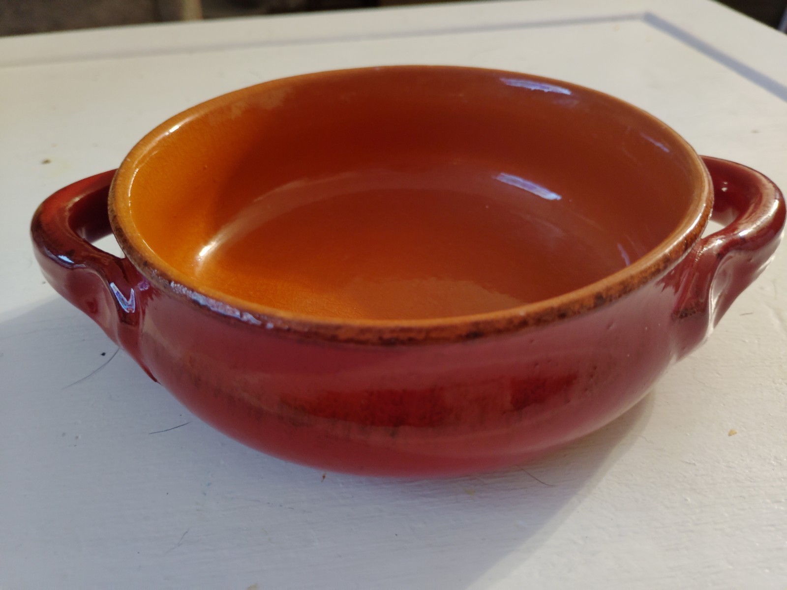 Vintage Italian Ceramic Soup Bowl w/ Handles Red Black Glaze Made in Italy 6”