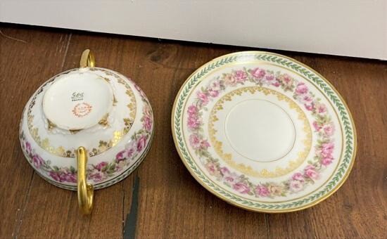 Antique GDA CF Haviland Limoges Two-Handled Cream Soup Bouillon Cup & Saucer