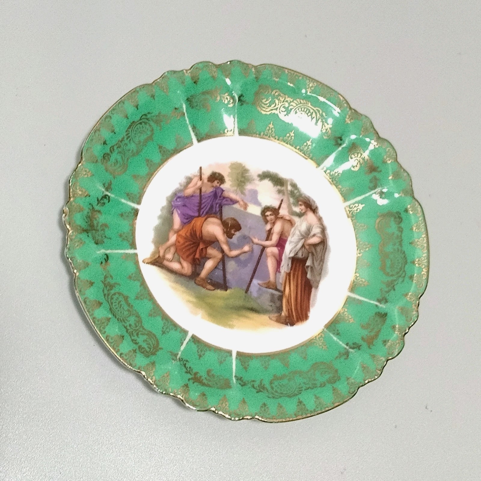 Neoclassical Green Gold Decorated Portrait Cabinet Plate Beyer and Bock Germany