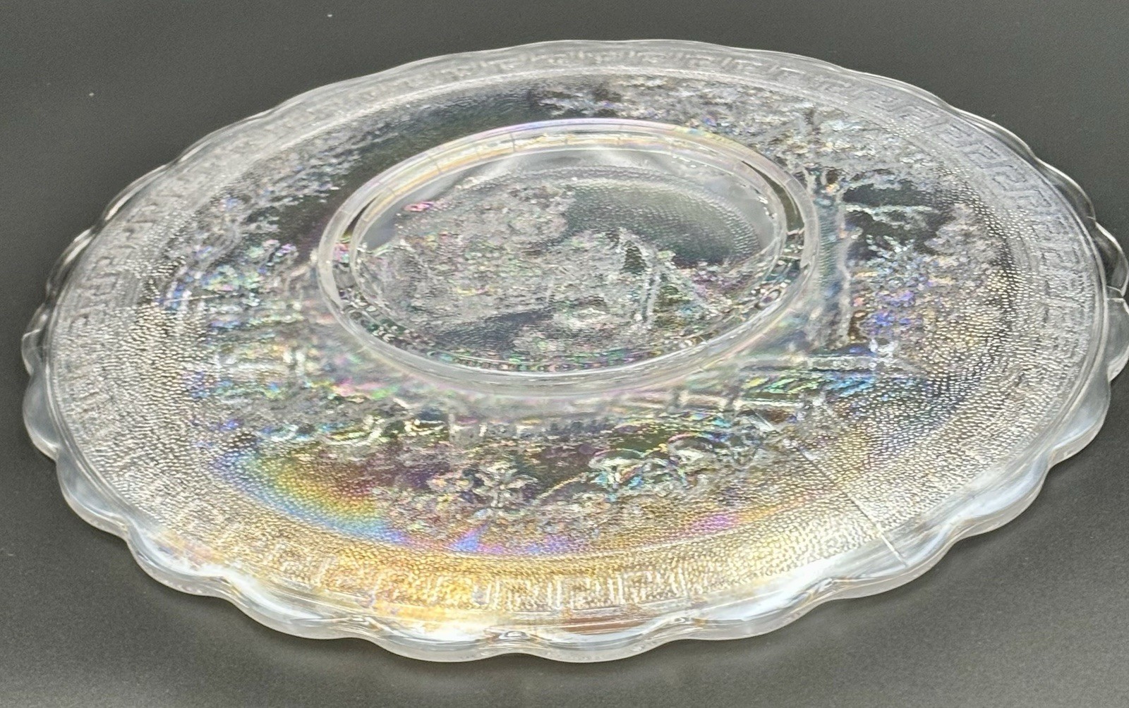 10 1/4” Dia. Pressed Carnival Glass Plate Imperial Homestead Iridescent