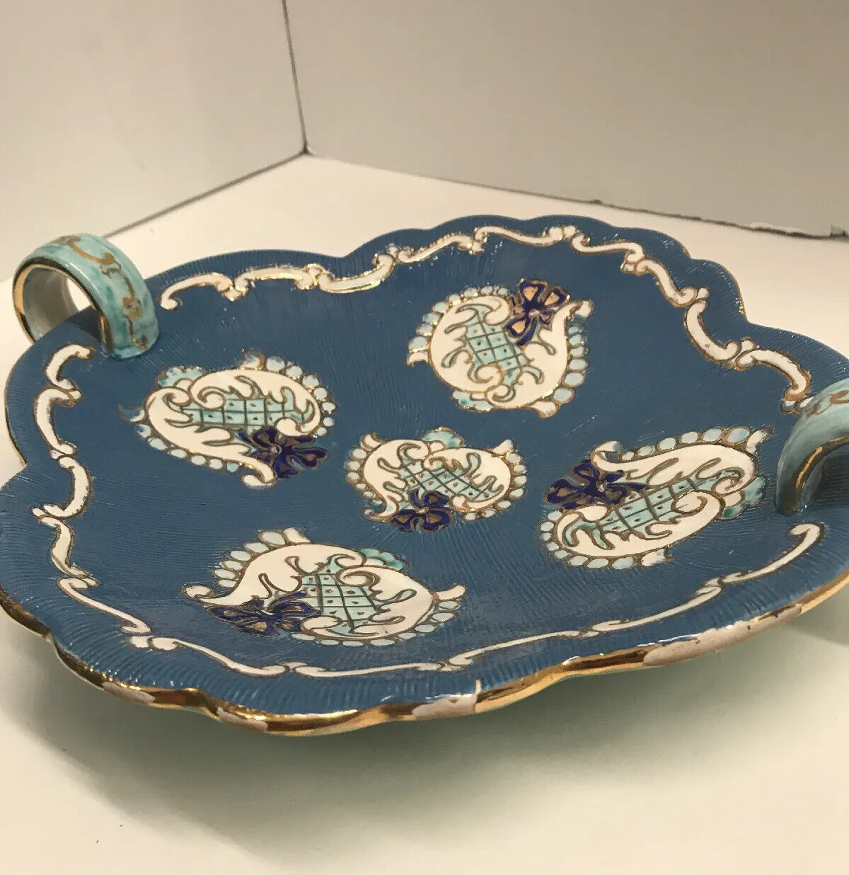 Deruta Bowl Italy Pottery Signed Numbered Blue Gold Leaf Chips On Edge 8”