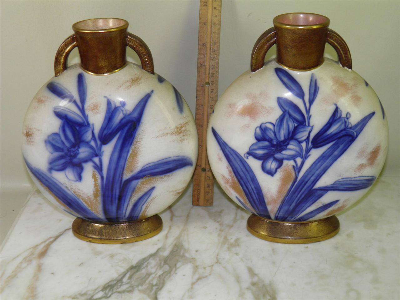 ANTIQUE POTTERY ENGLISH PAIR OF PILLOW VASES HAND PAINTED BLUE & WHITE MARKED