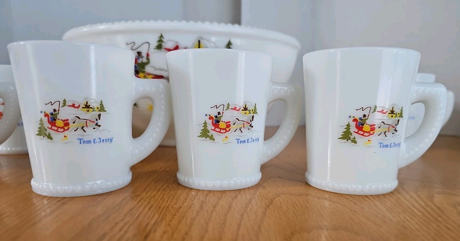 Vintage Tom & Jerry Milk Glass Beaded Punch Bowl & 11 Cups Sleigh Horses